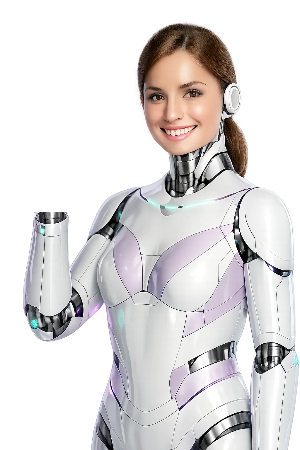Terabot's digital worker, shown as a friendly android, waving hello (AI-generated illustration)