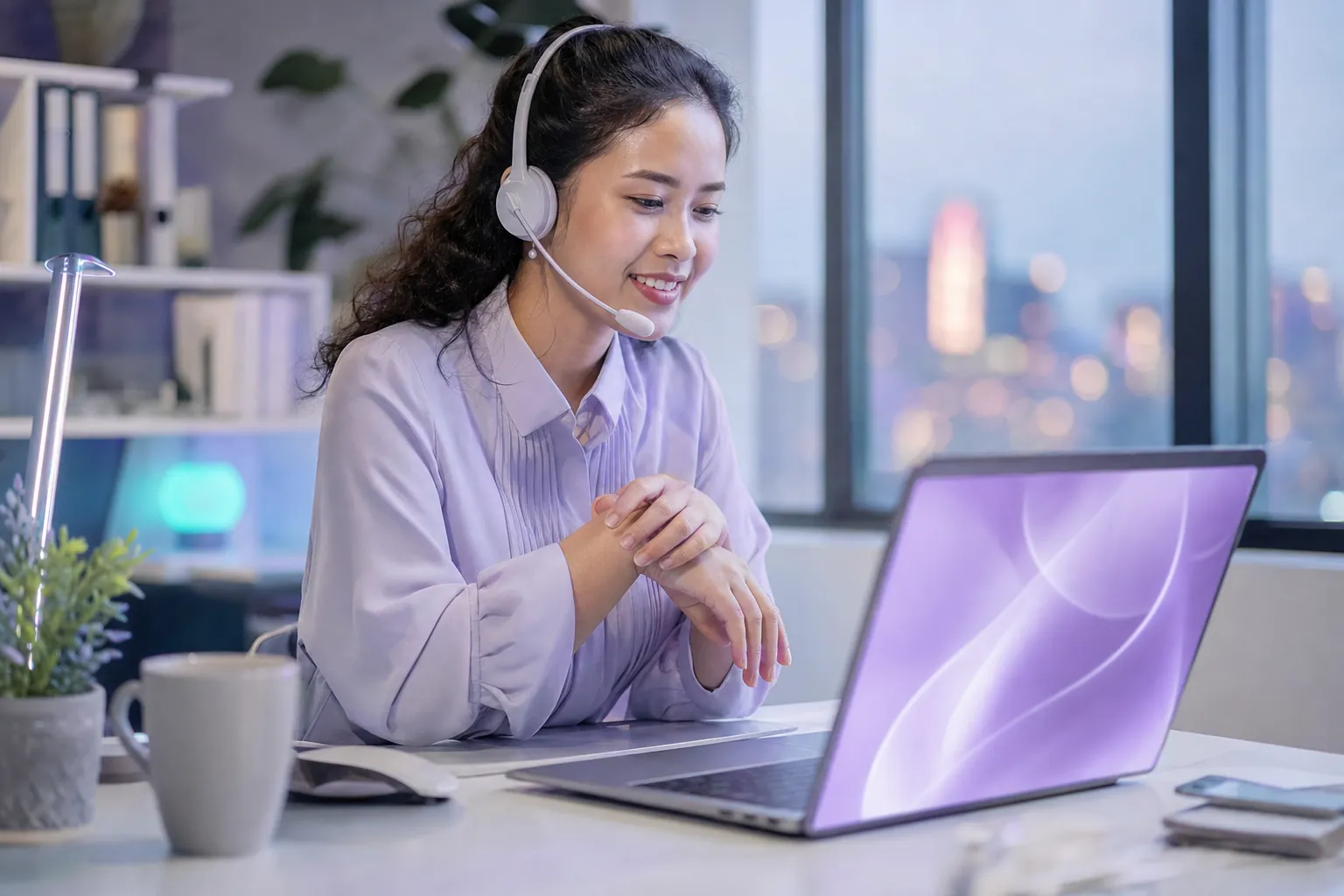 A smiling customer service agent with a headset at a desk