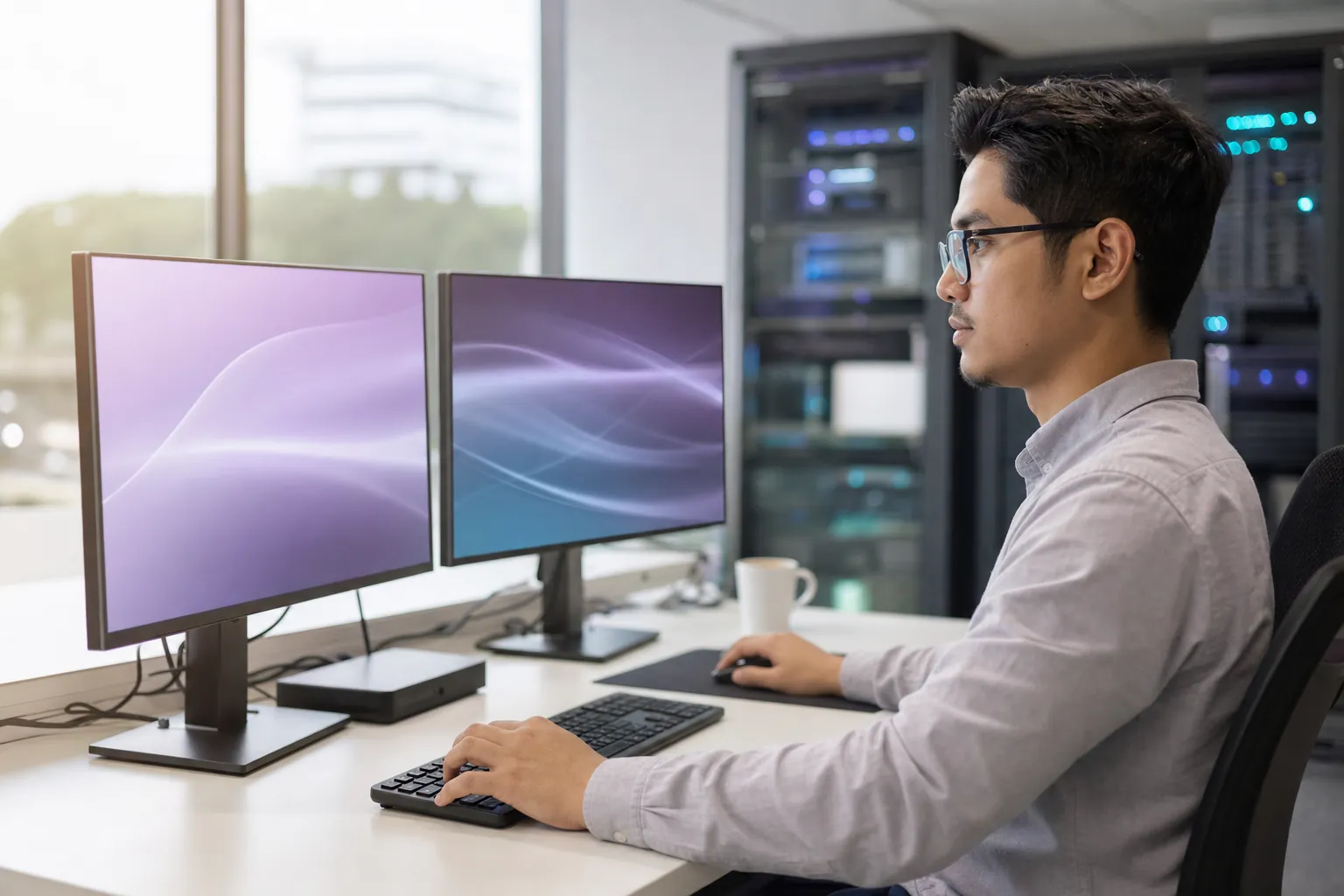 An IT engineer at two monitors in an operations room