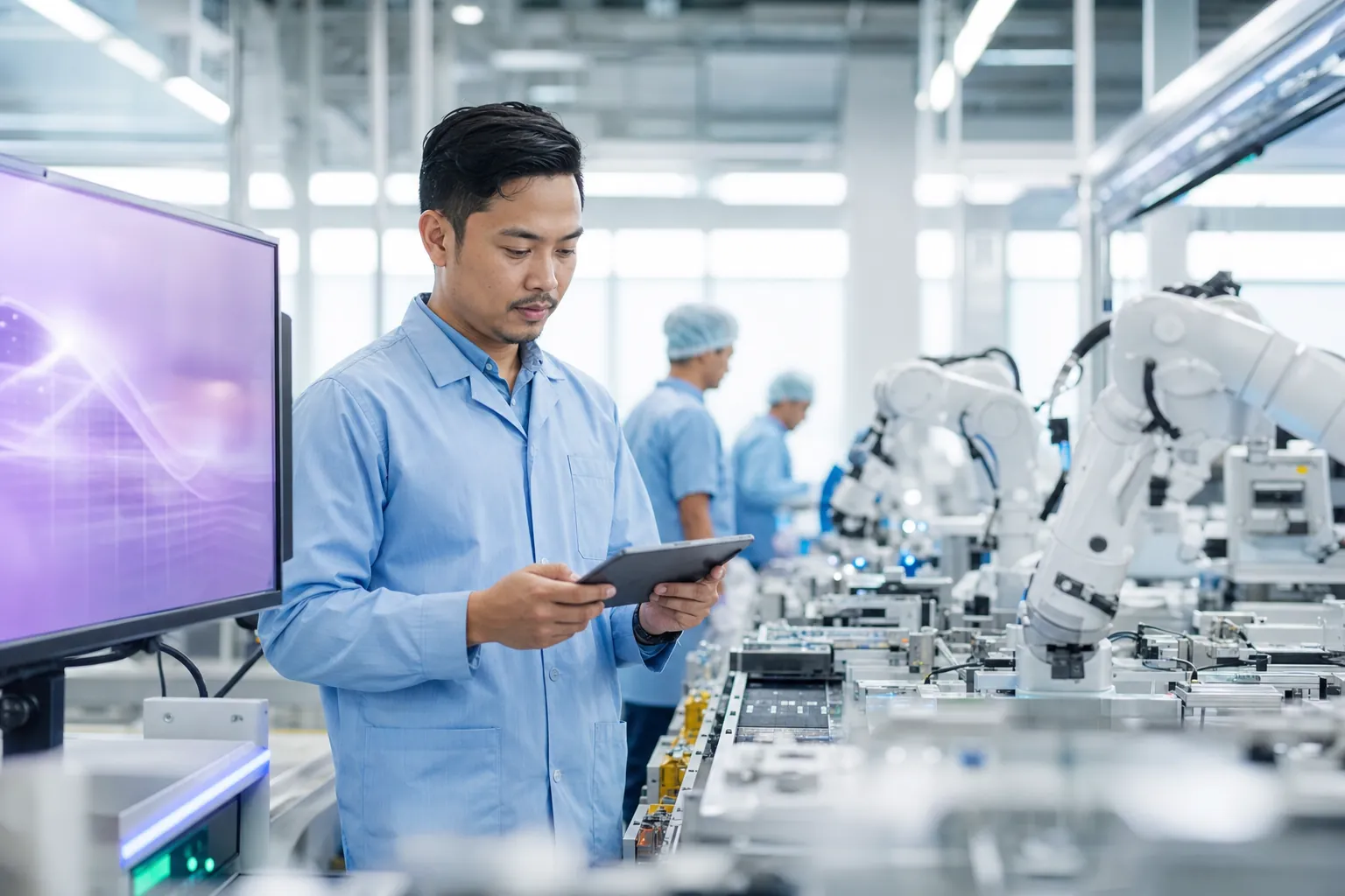 A production supervisor with a tablet beside an automated assembly line
