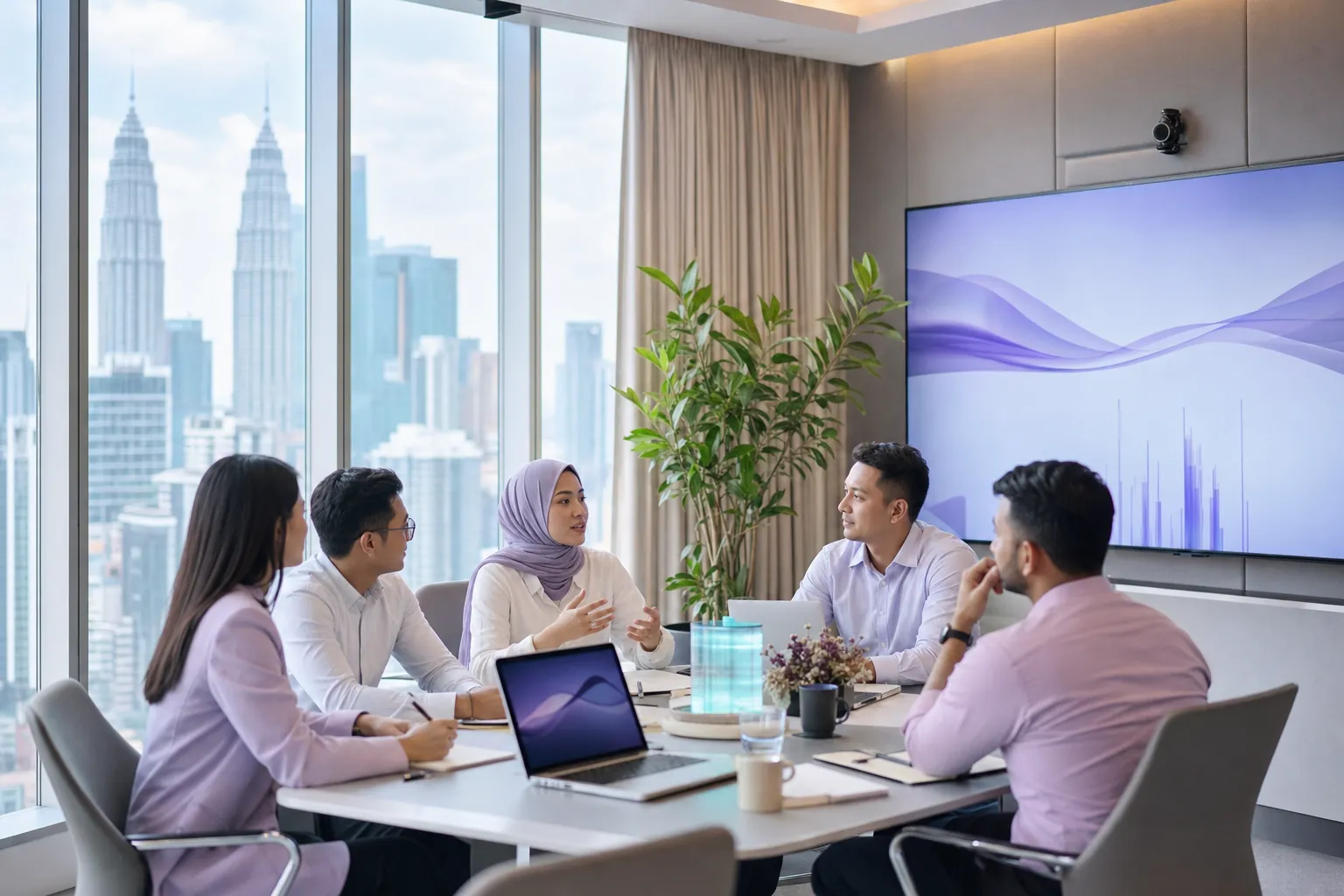 A regional team in a meeting room in a Kuala Lumpur office tower