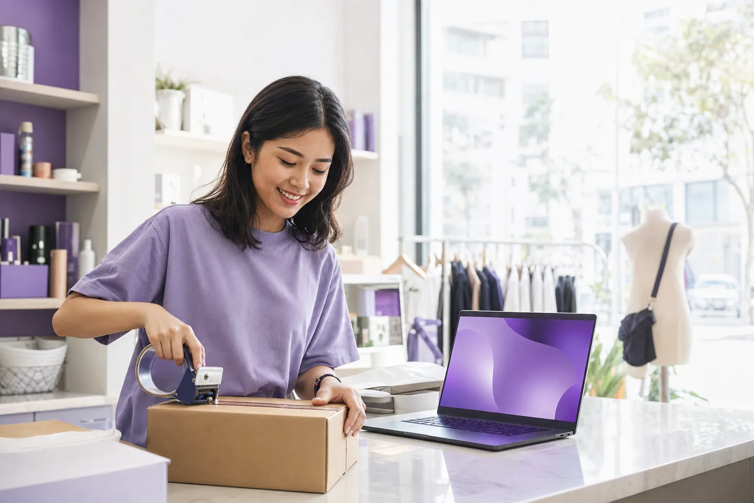 A shop owner packing online orders beside a laptop